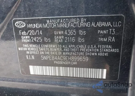 2014 Hyundai Sonata Gls из США, поврежденный, VIN 5NPEB4AC9EH899659